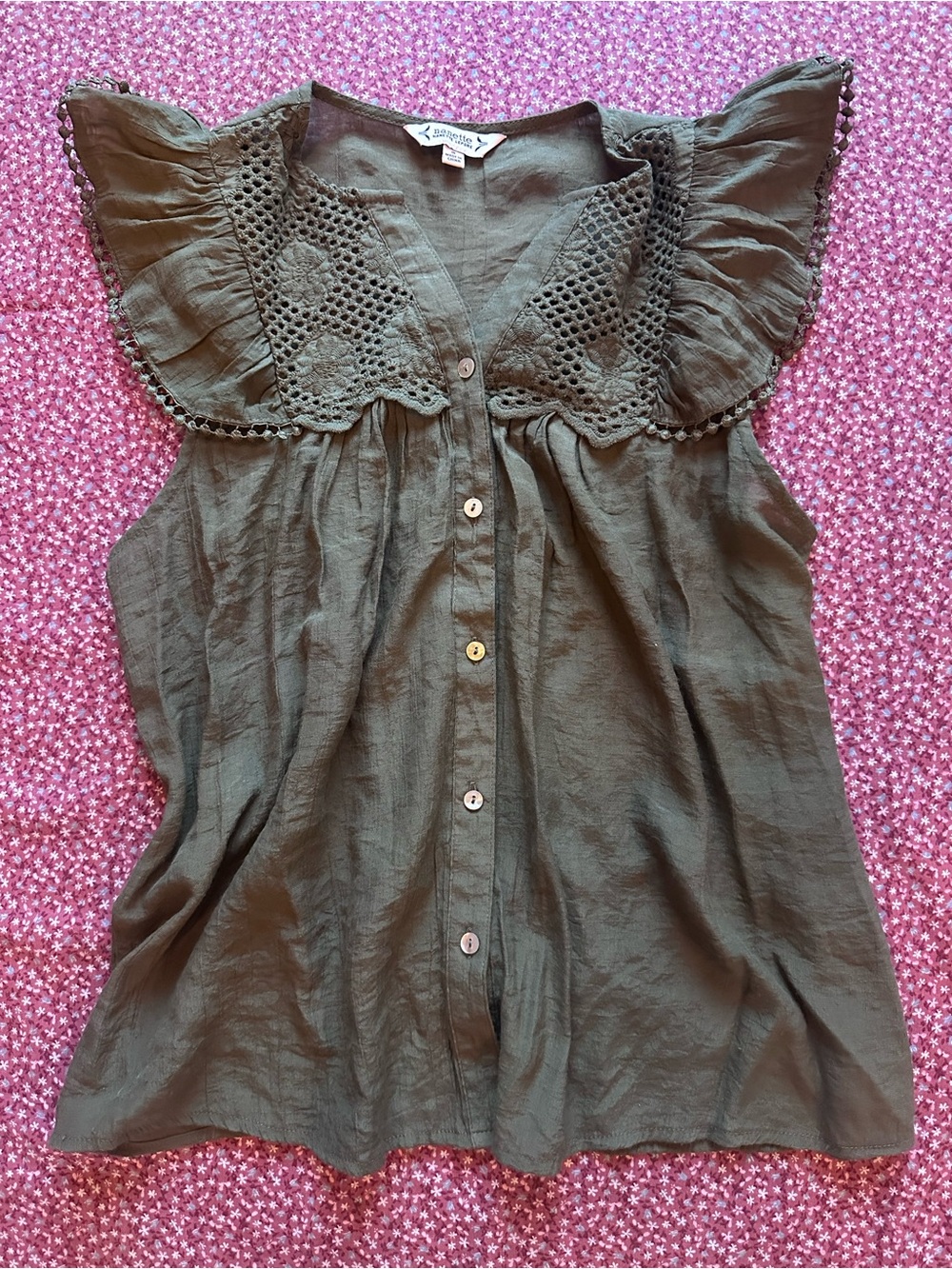 Nanette Lepore Olive Green Crochet Yoke Flutter Sleeve Button-Front Top
